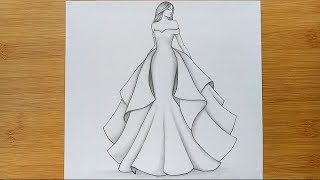 How to draw a girl with Beautiful Dress for Beginners  pencil sketch step by step [upl. by Leor]