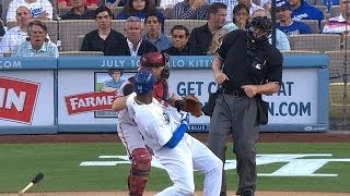 Puigs bat flip nearly hits catcher umpire [upl. by Hanas127]