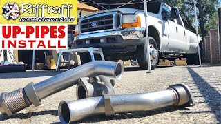 2001 F350 73  RiffRaff UpPipes Install  Stock up pipes leaking and falling apart JUNK SP [upl. by Ahsahtan]